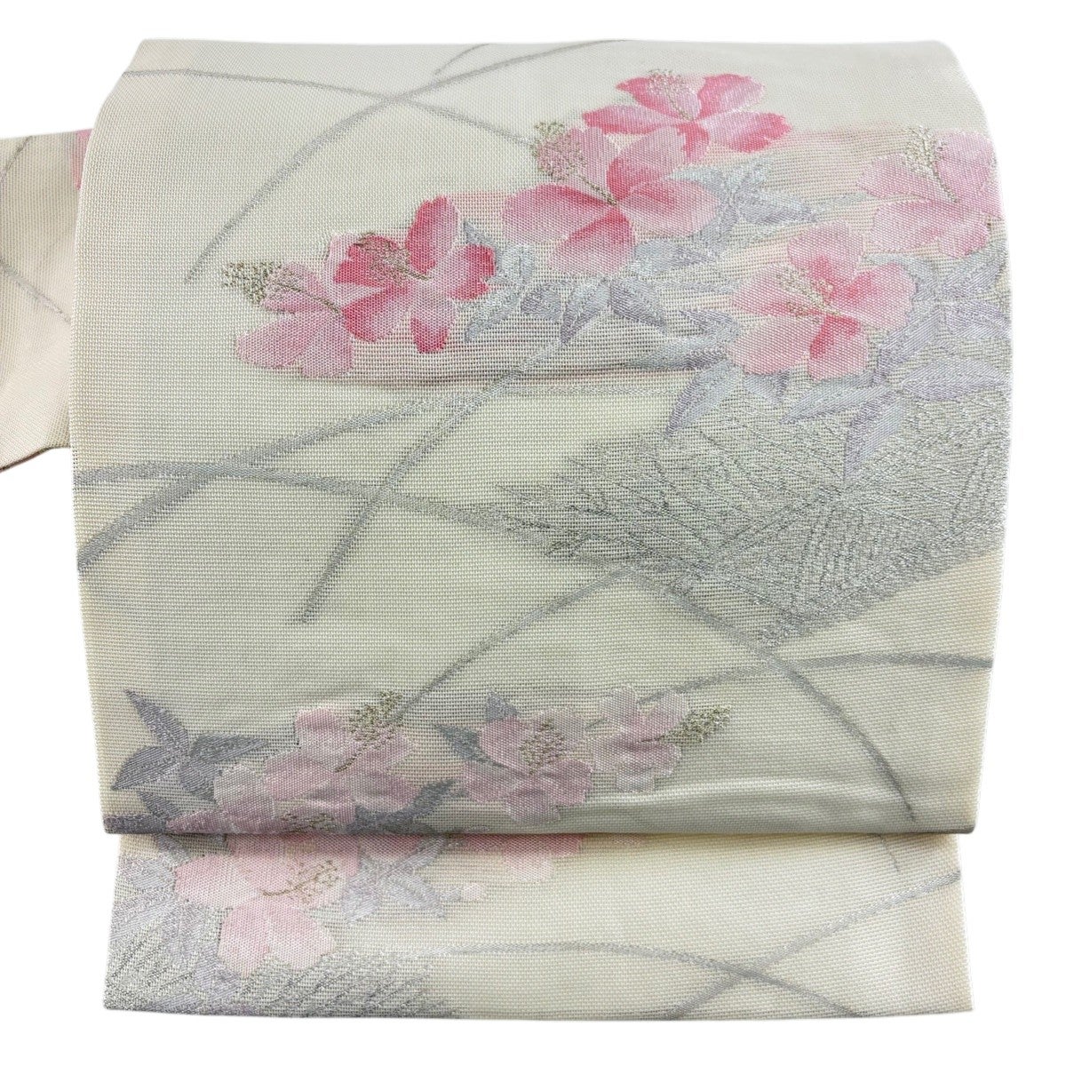 美品】 名古屋帯 優品 夏帯 絽 扇面 幾何学模様 金銀糸 クリーム 正絹