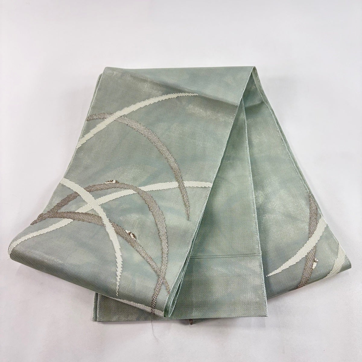 袋帯 秀品 夏帯 紗 葉 銀糸 箔 灰緑 お太鼓柄 正絹｜中古・古着