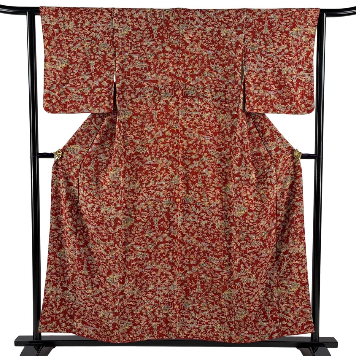 美品】 小紋 身丈155.5cm 裄丈62cm S 袷 松竹梅 蝶 縮緬 赤 正絹 優品