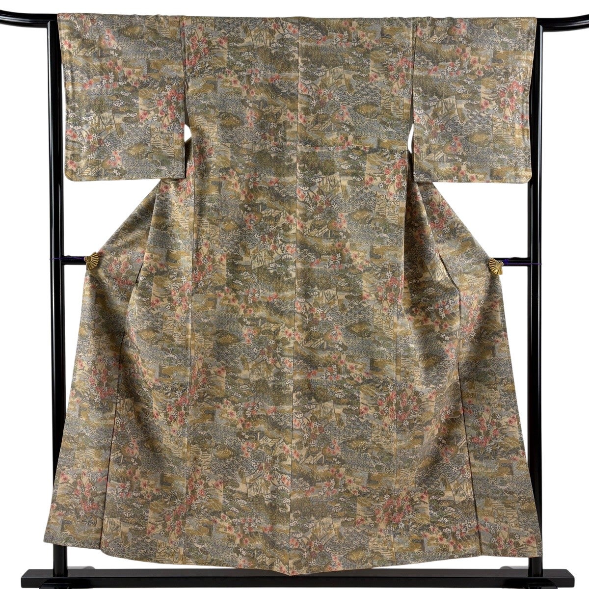 美品】 紬 身丈154.5cm 裄丈65cm M 袷 草花 有職文様 ベージュ 正絹