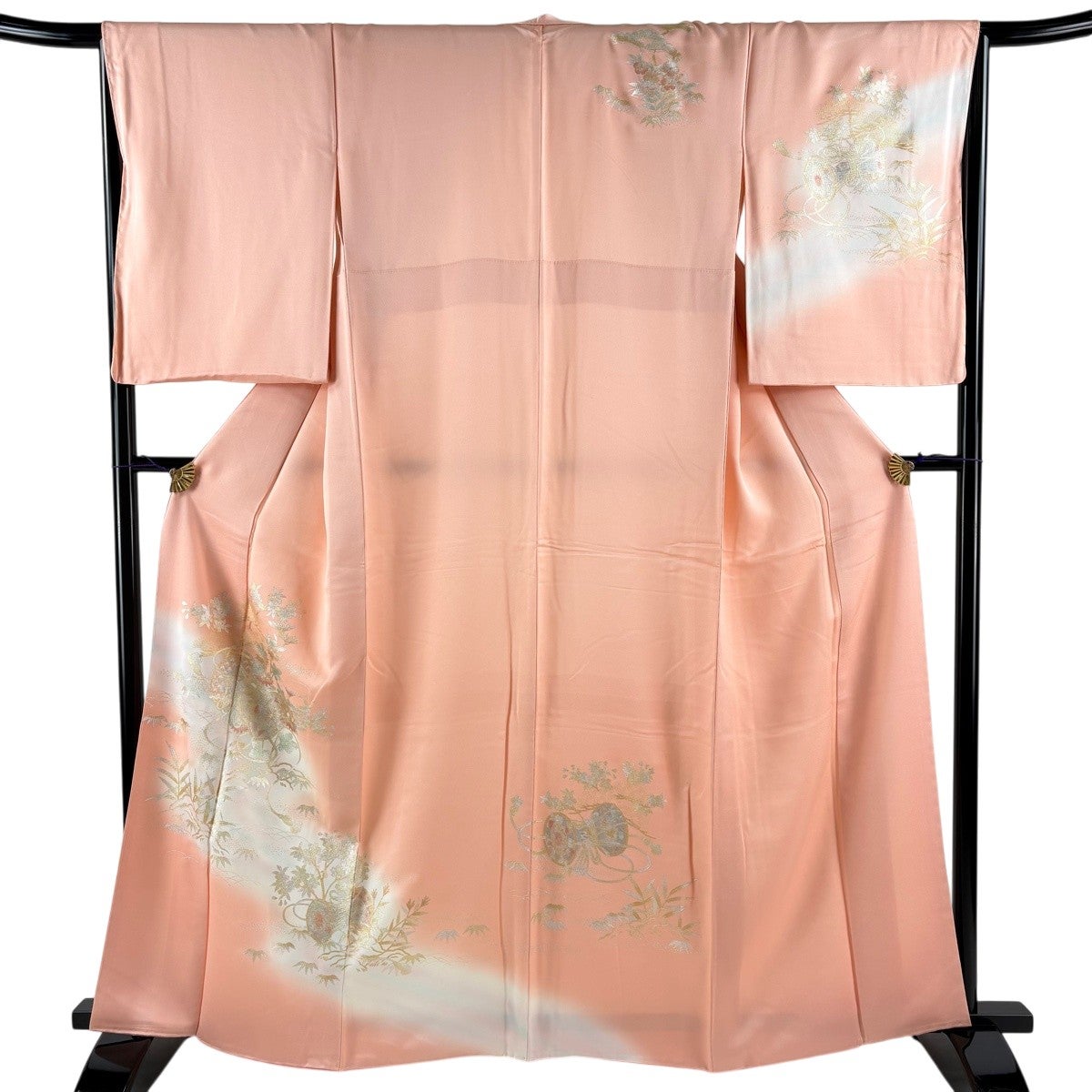 訪問着 身丈166.5cm 裄丈66.5cm M 袷 松竹梅 桜 絞り 金彩 灰白 正絹
