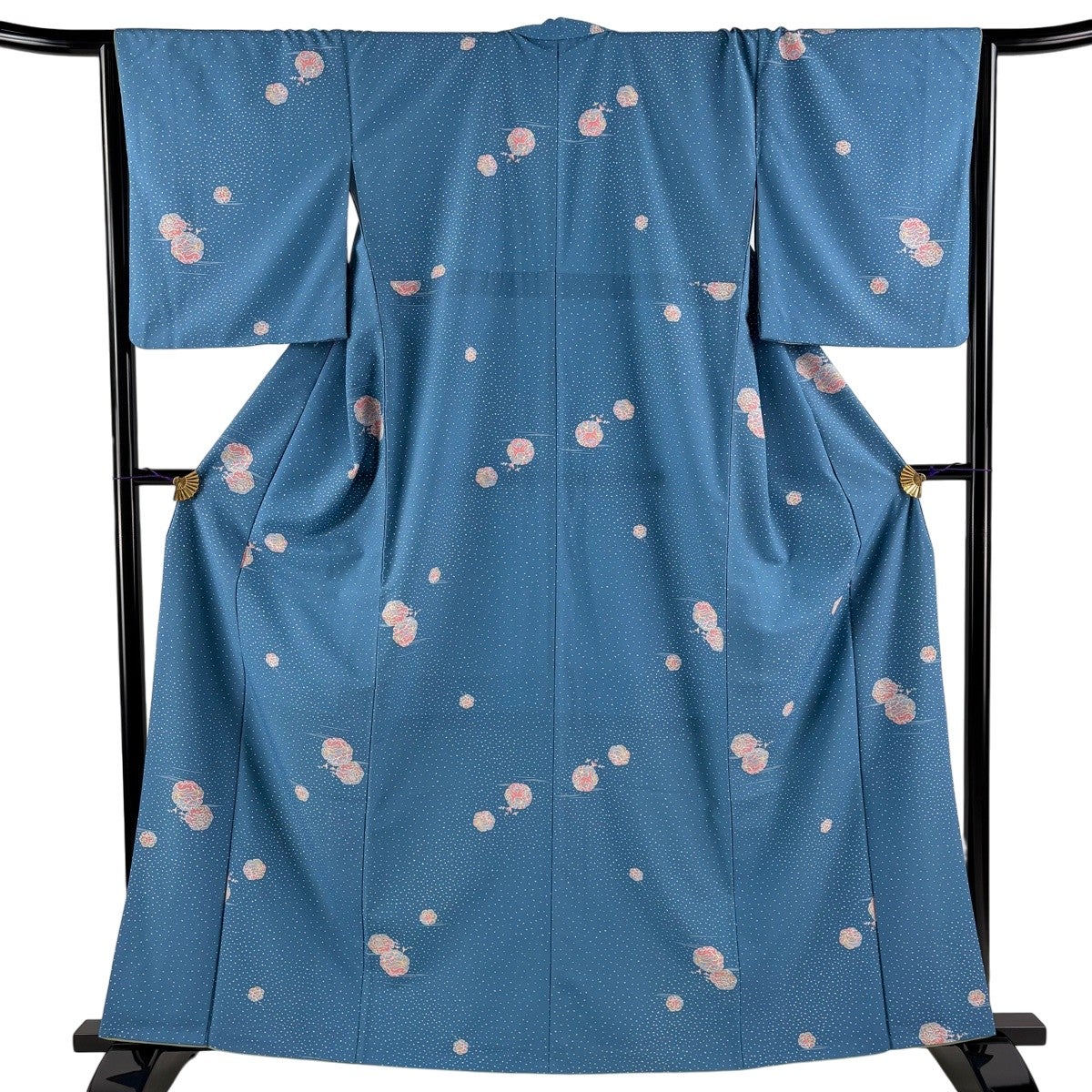 美品】 小紋 身丈161.5cm 裄丈66cm M 袷 うさぎ 雪輪 青 化繊 優品