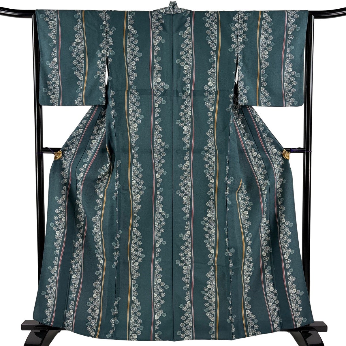 美品】 小紋 身丈161cm 裄丈64cm M 単衣 バチ衿 菊 よろけ縞 緑 化繊