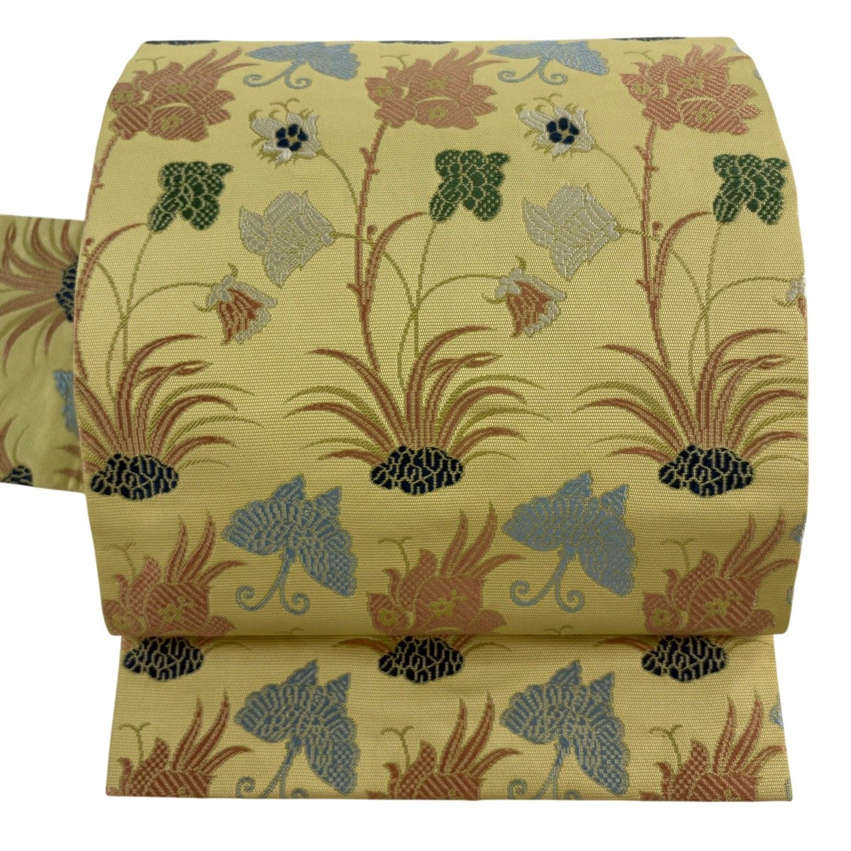 名古屋帯 逸品 草花 蝶 抹茶色 正絹｜中古・古着・リサイクル着物通販