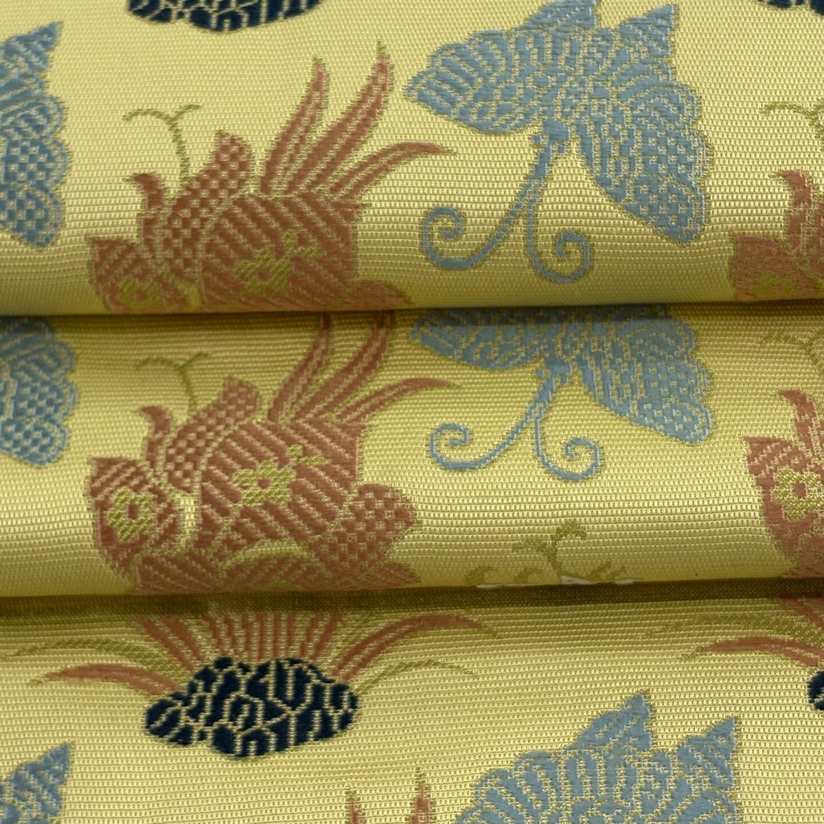 名古屋帯 逸品 草花 蝶 抹茶色 正絹｜中古・古着・リサイクル着物通販