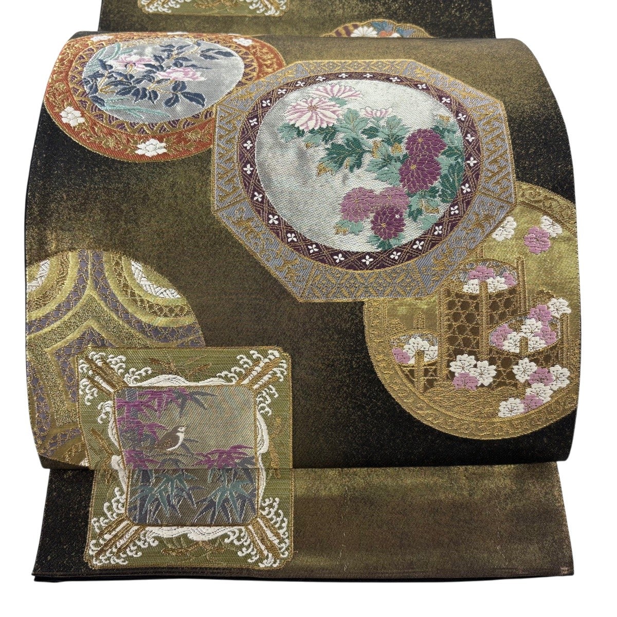 美品】 袋帯 逸品 じゅらく じゅらく帝王紫 草花 蜀江文 金糸 箔 灰紫