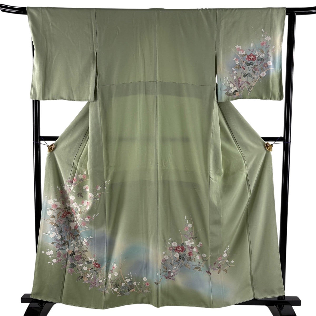 訪問着 身丈159cm 裄丈66cm M 袷 草花 霞 ぼかし 薄緑 正絹 秀品｜中古