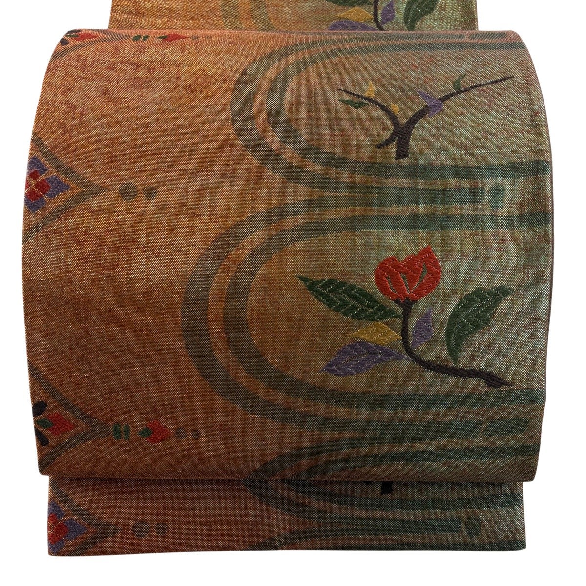 美品】 袋帯 秀品 草花 金銀糸 箔 鶯色 六通 正絹｜中古・古着