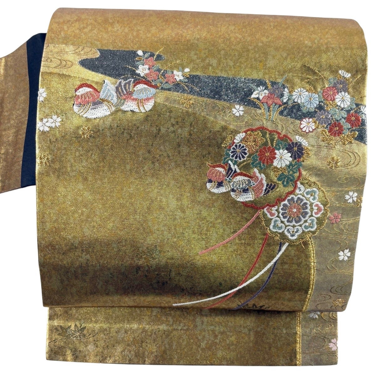 帯  和装  金糸 美品】 名古屋帯 秀品 鴛鴦 草花 箔 金糸 金色 正絹｜中古・古着