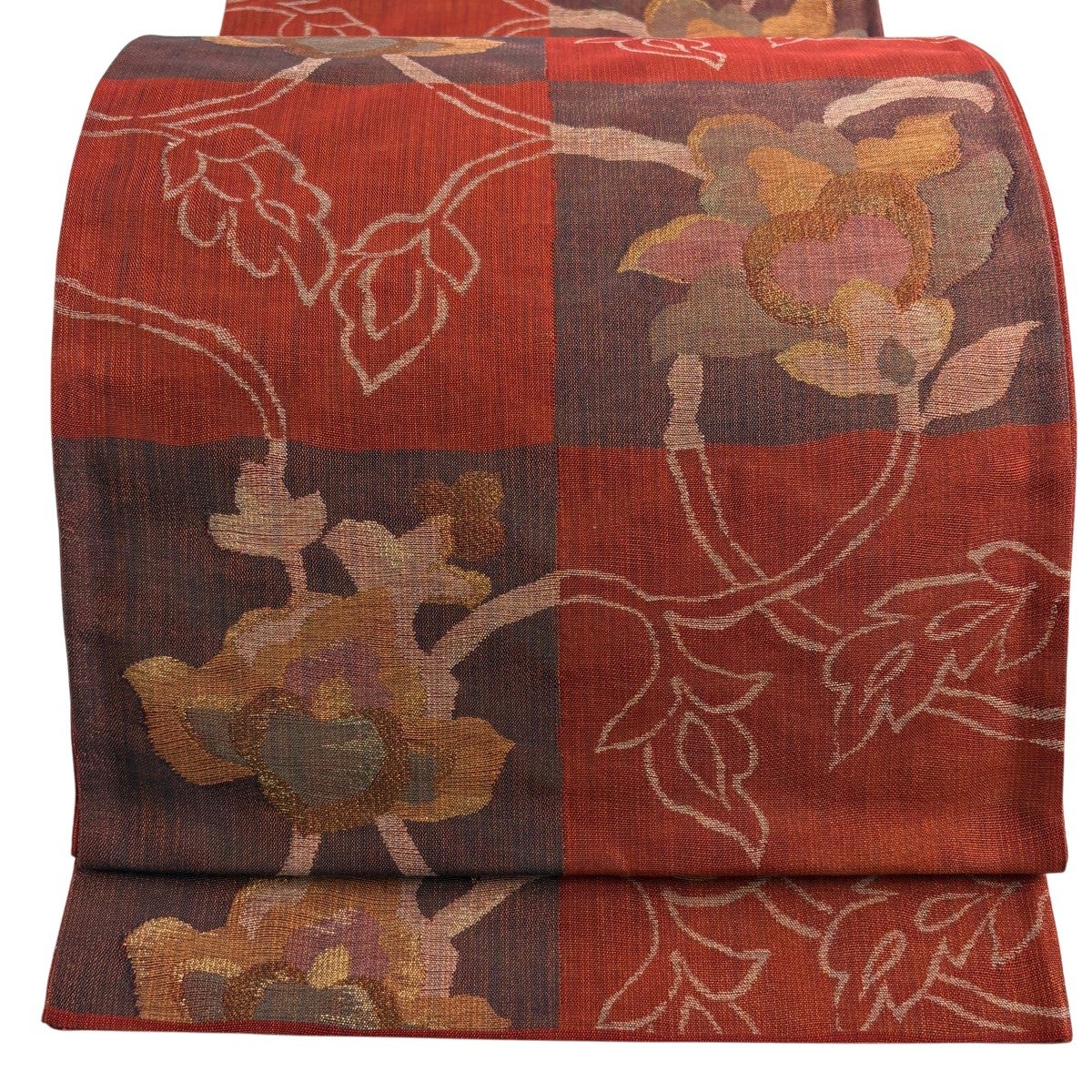 美品】 袋帯 秀品 関西仕立て 草花 変わり市松 金糸 箔 朱色 六通 正絹