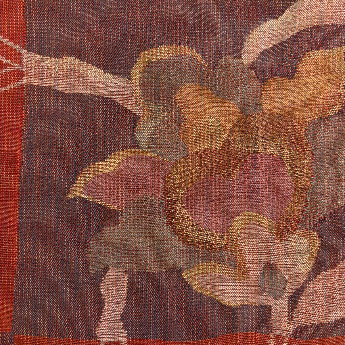 美品】 袋帯 秀品 関西仕立て 草花 変わり市松 金糸 箔 朱色 六通 正絹