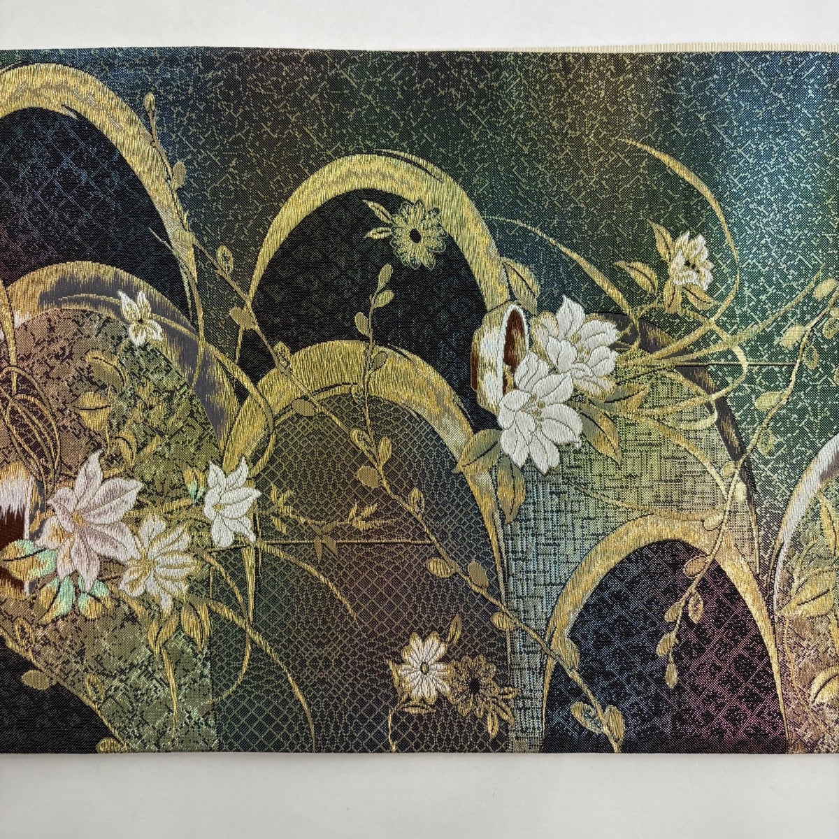 美品】 袋帯 秀品 花器 幾何学模様 箔 金糸 青緑 六通 正絹｜中古