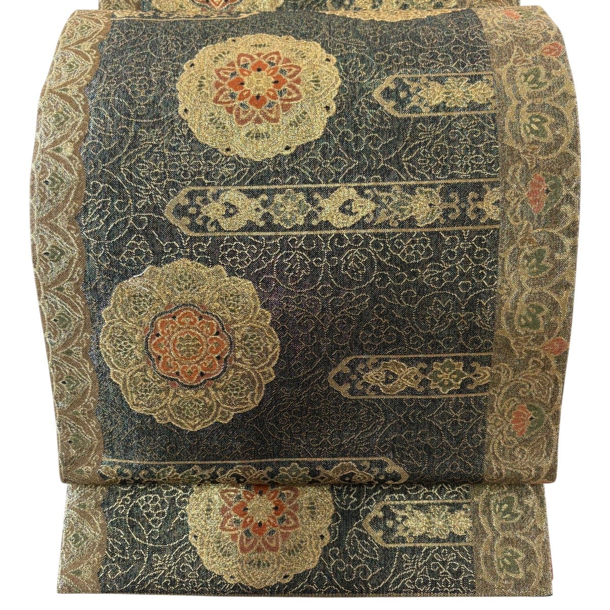 美品】 袋帯 秀品 正倉院華紋 花唐草 箔 金糸 深緑 六通 正絹｜中古