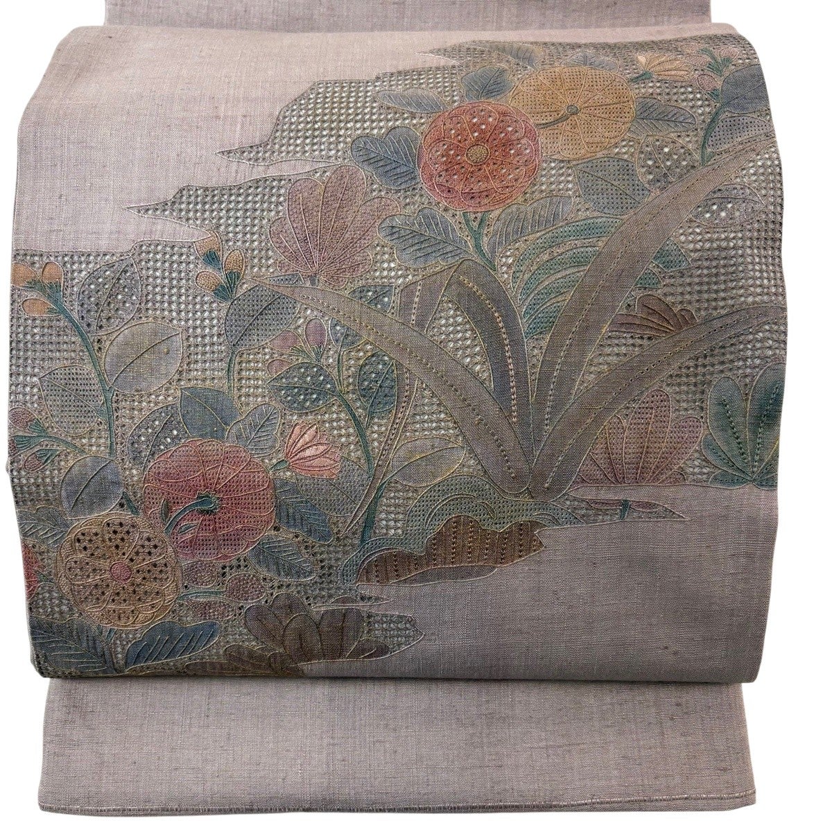 袋帯 秀品 紬地 華文 草花 刺繍 金彩 クリーム お太鼓柄 正絹 【中古】
