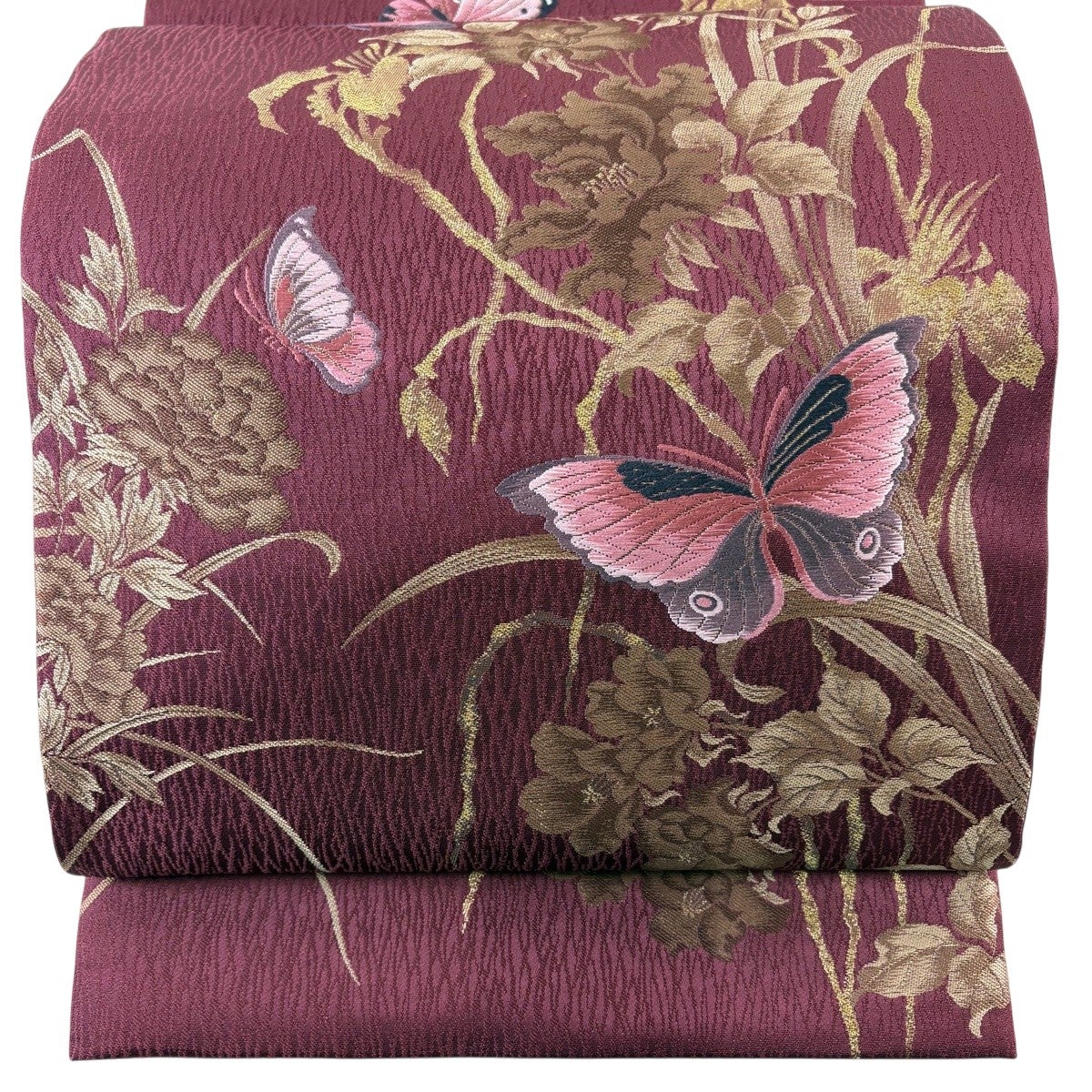 美品】 袋帯 秀品 森英恵 落款あり 蝶 草花 唐織 箔 濃ピンク 六通