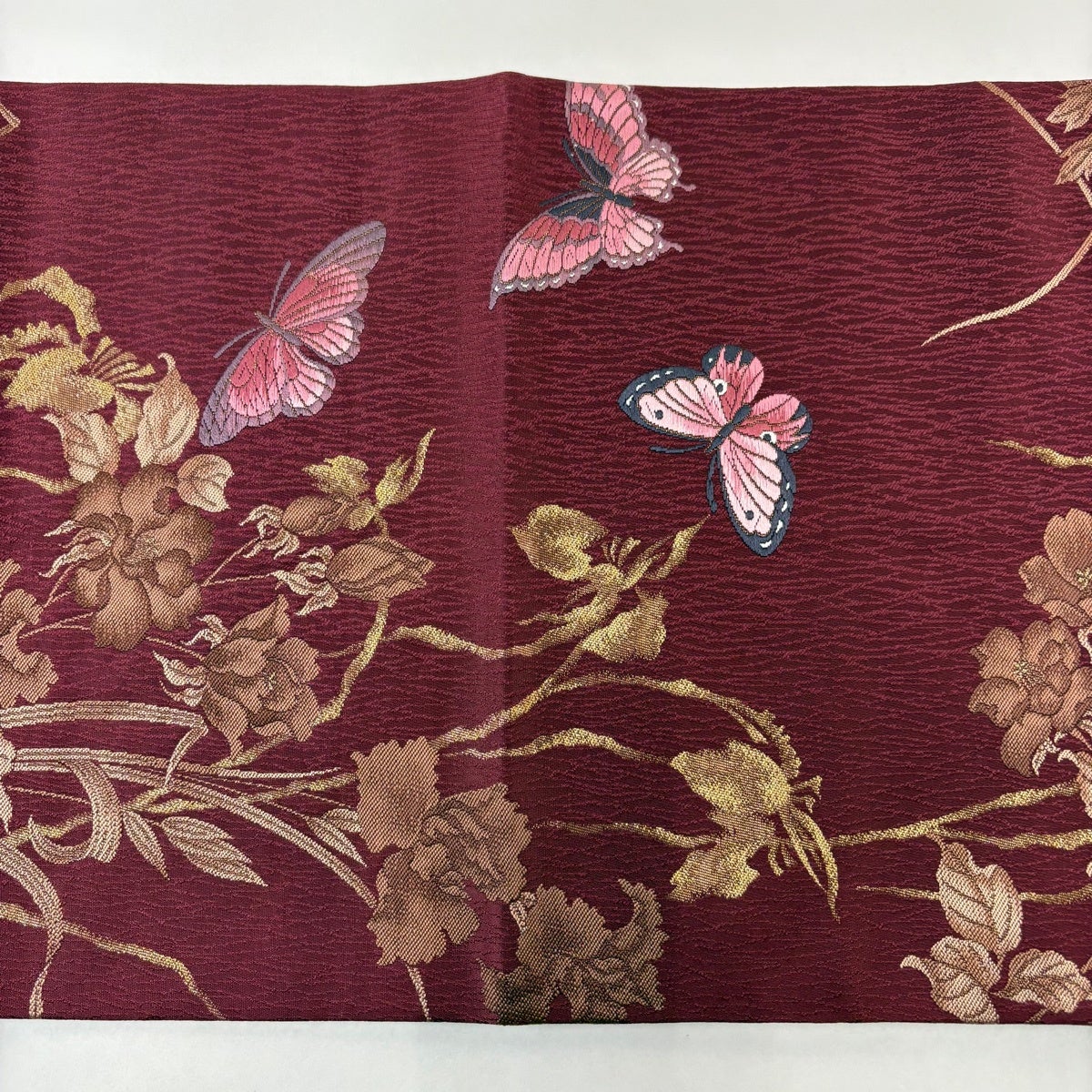 美品】 袋帯 秀品 森英恵 落款あり 蝶 草花 唐織 箔 濃ピンク 六通