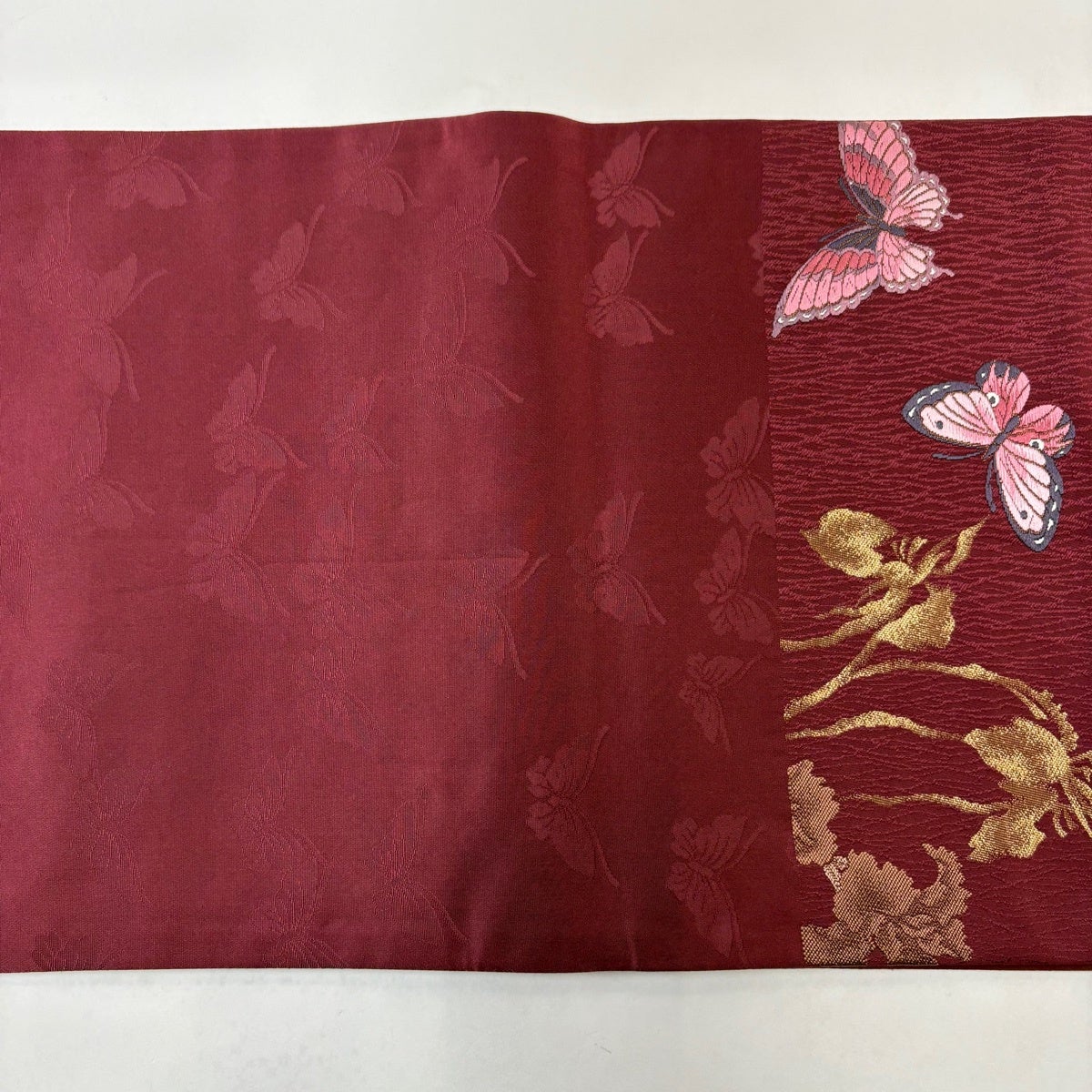 美品】 袋帯 秀品 森英恵 落款あり 蝶 草花 唐織 箔 濃ピンク 六通