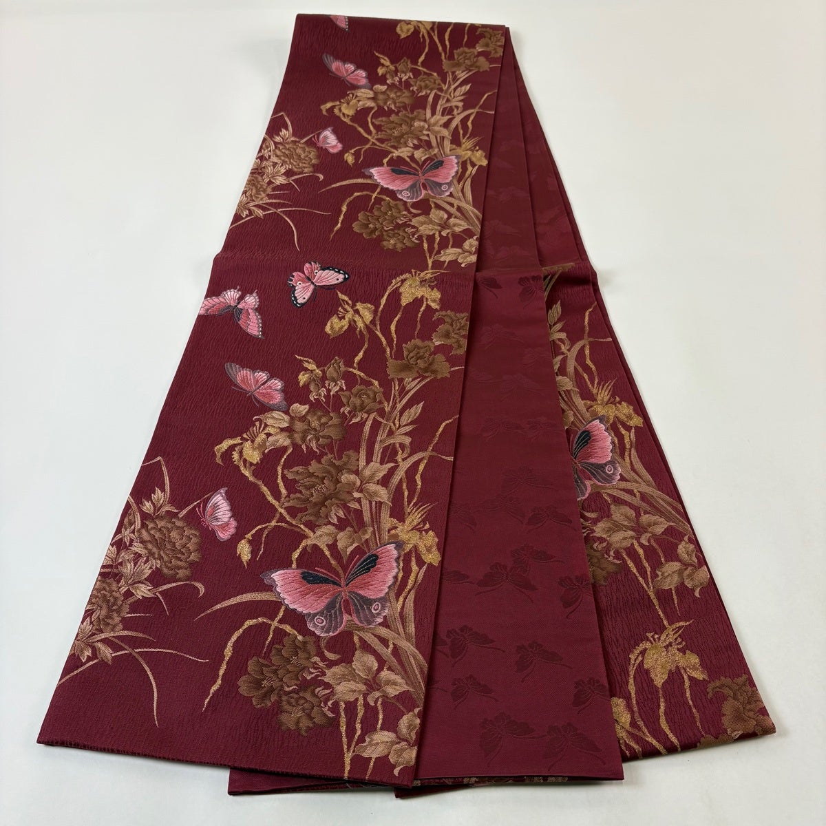 美品】 袋帯 秀品 森英恵 落款あり 蝶 草花 唐織 箔 濃ピンク 六通 美品】 袋帯 秀品 森英恵 落款あり 蝶 草花 唐織 箔 濃ピンク 六通