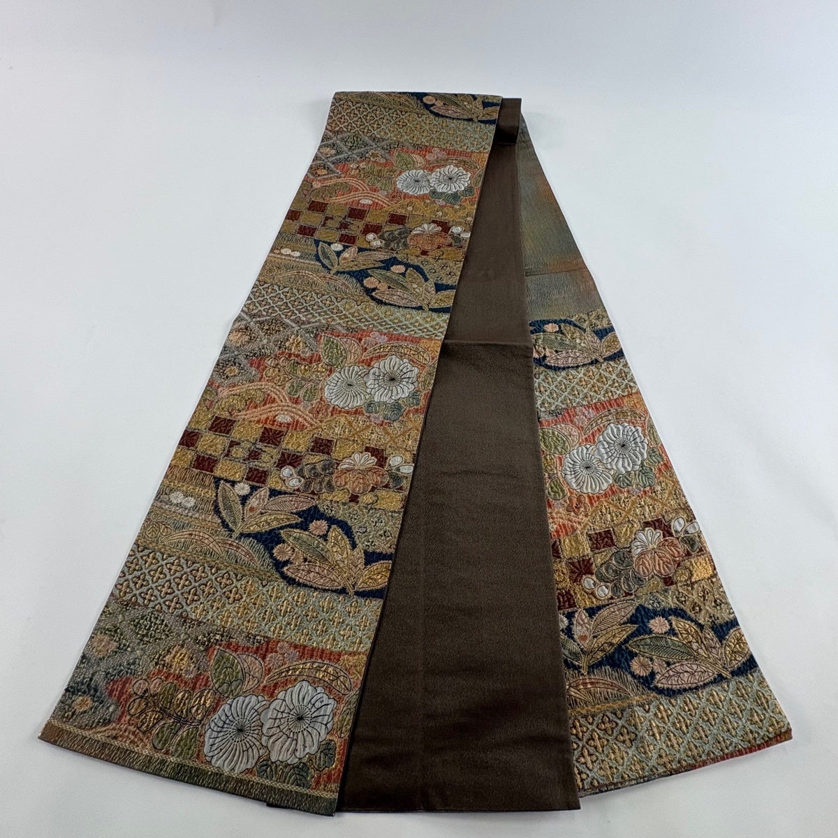 美品】 袋帯 秀品 辻が花柄 桐 箔 茶色 六通 正絹｜中古・古着