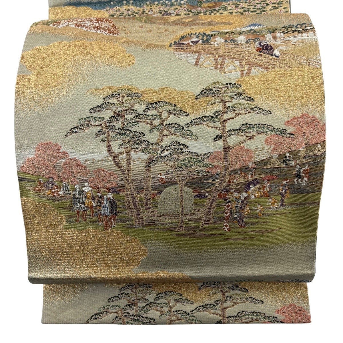 美品】 袋帯 秀品 広重 人物 風景 金糸 箔 抹茶色 お太鼓柄 正絹｜中古