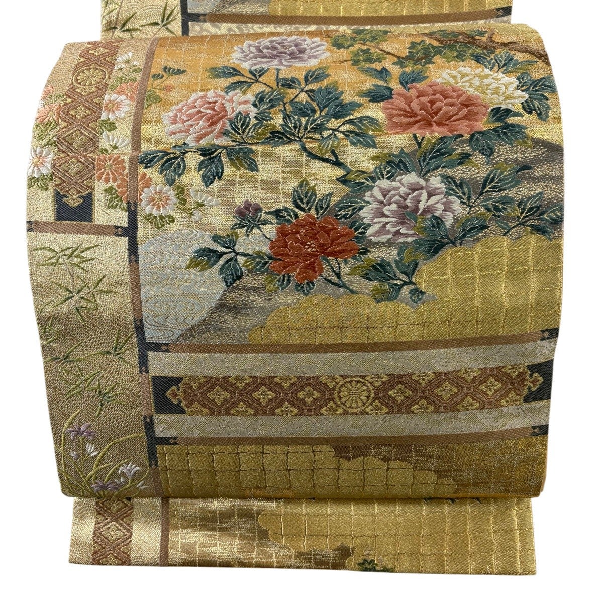 まるで日本画の様　日本の四季　袋帯 袋帯 秀品 四季屏風絵 牡丹 箔 金糸 金色 六通 正絹｜中古・古着