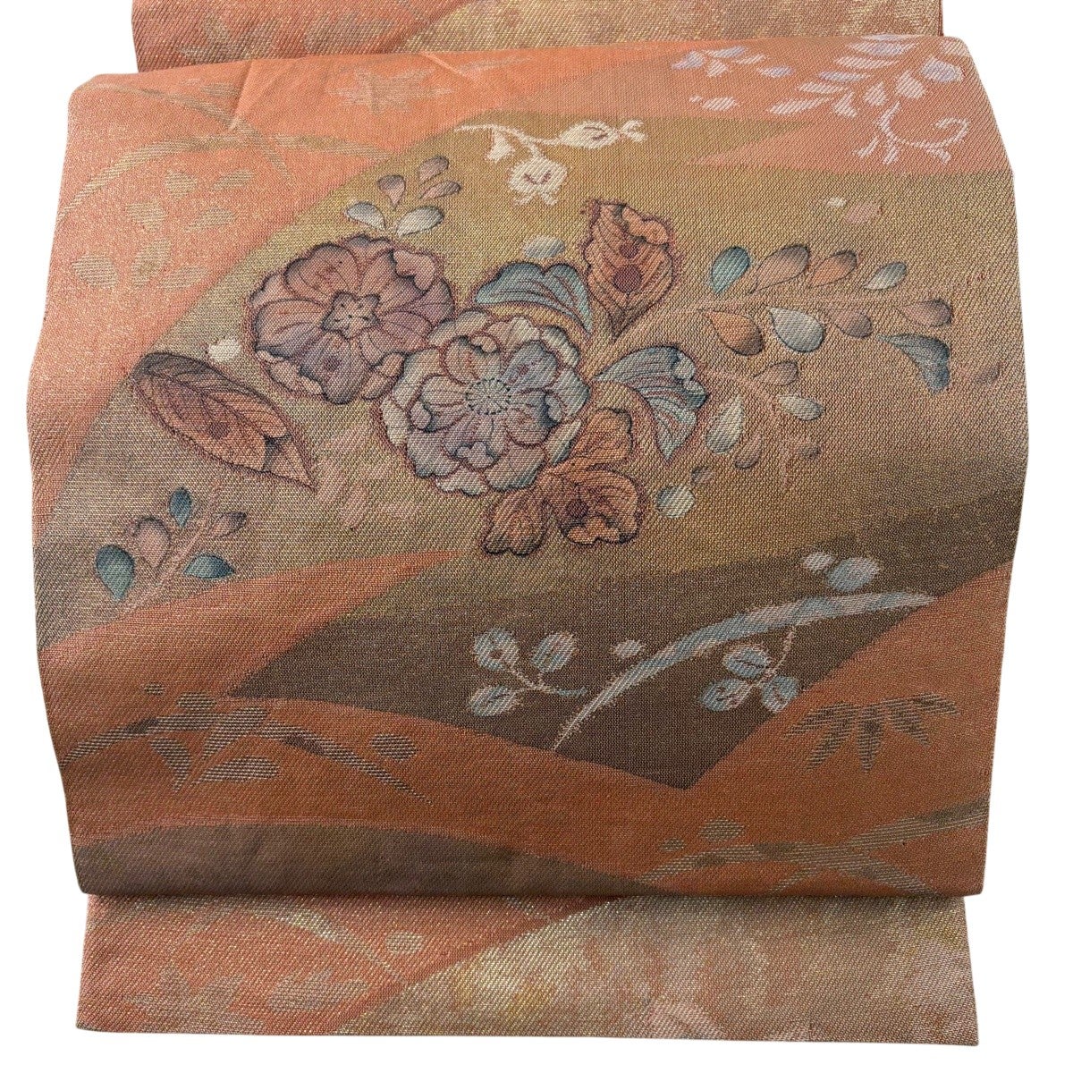 袋帯 秀品 草花 金彩 箔 オレンジ お太鼓柄 正絹｜中古・古着
