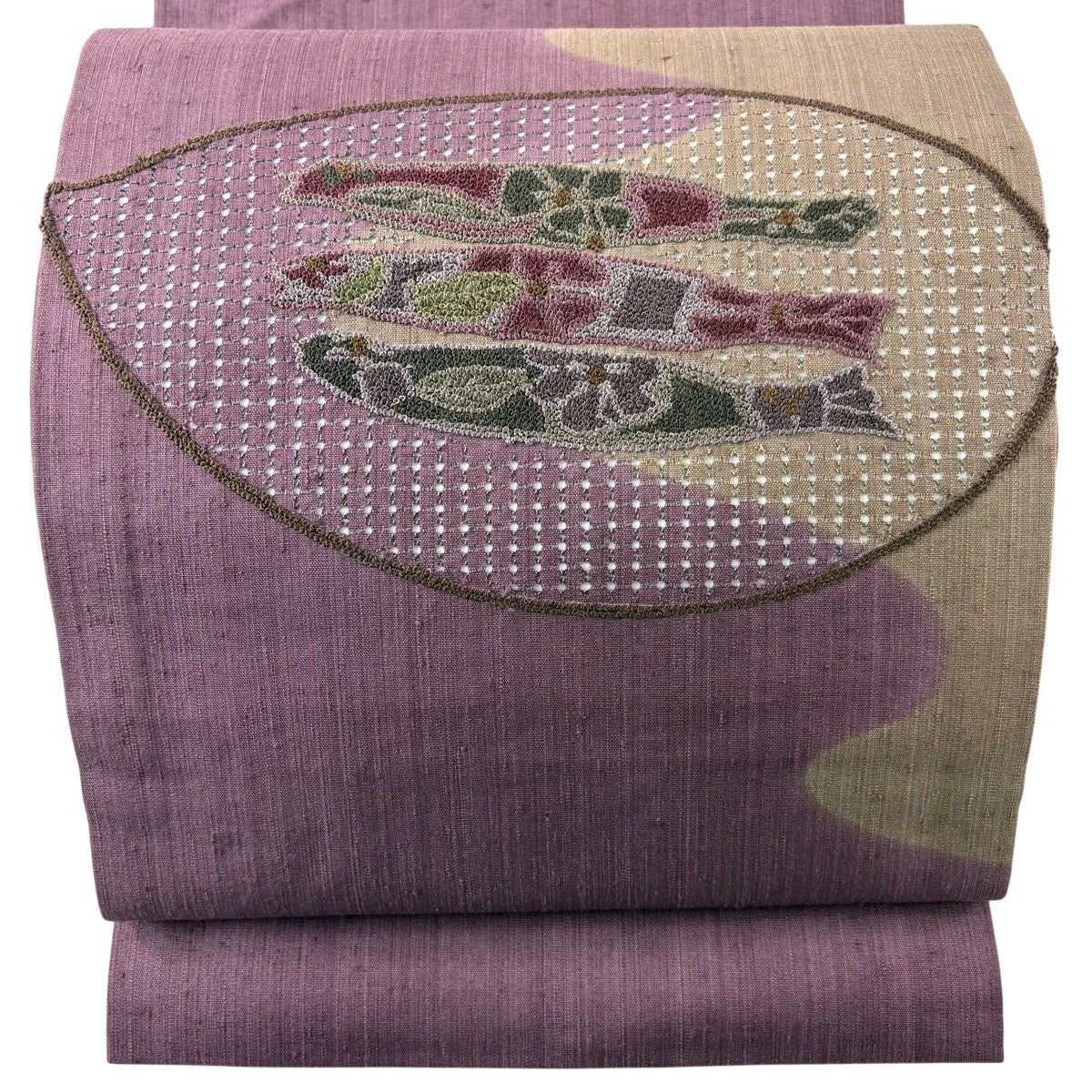 開き名古屋帯 秀品 紬地 魚 草花 相良刺繍 汕頭刺繍 紫 正絹｜中古