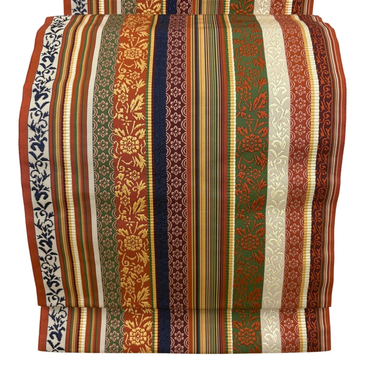 美品】 名古屋帯 名品 八寸名古屋帯 松葉仕立て 縞 草花 赤茶 正絹