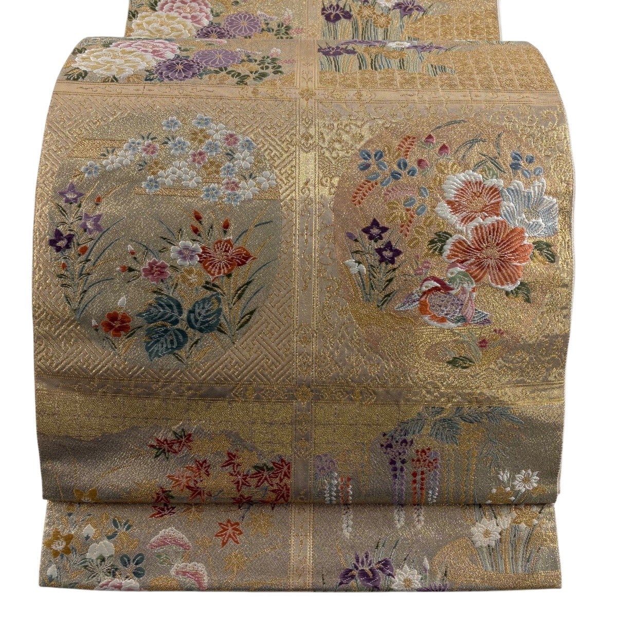 袋帯 秀品 鴛鴦 草花 本金箔 金糸 金色 六通 正絹｜中古・古着