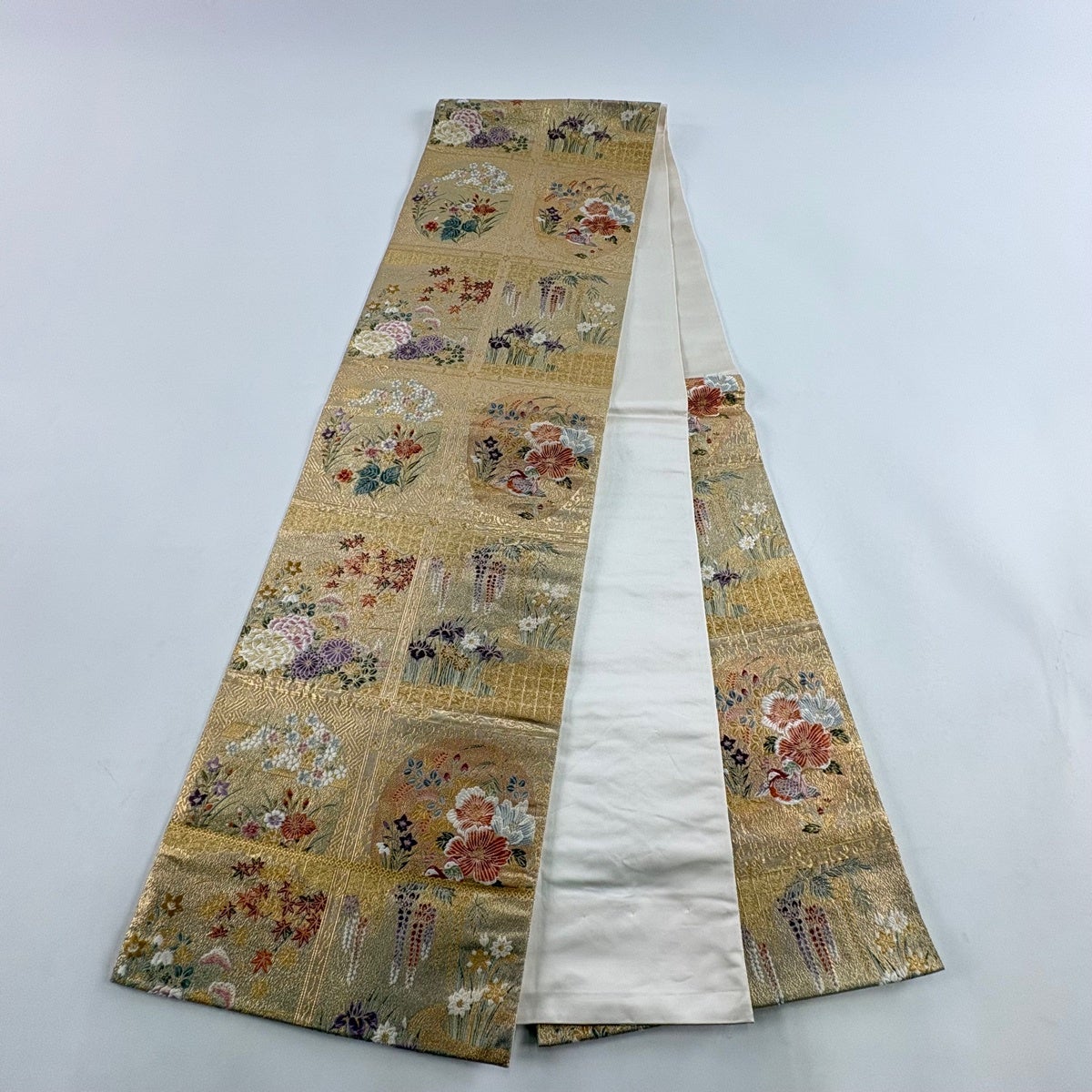 袋帯 秀品 鴛鴦 草花 本金箔 金糸 金色 六通 正絹｜中古・古着