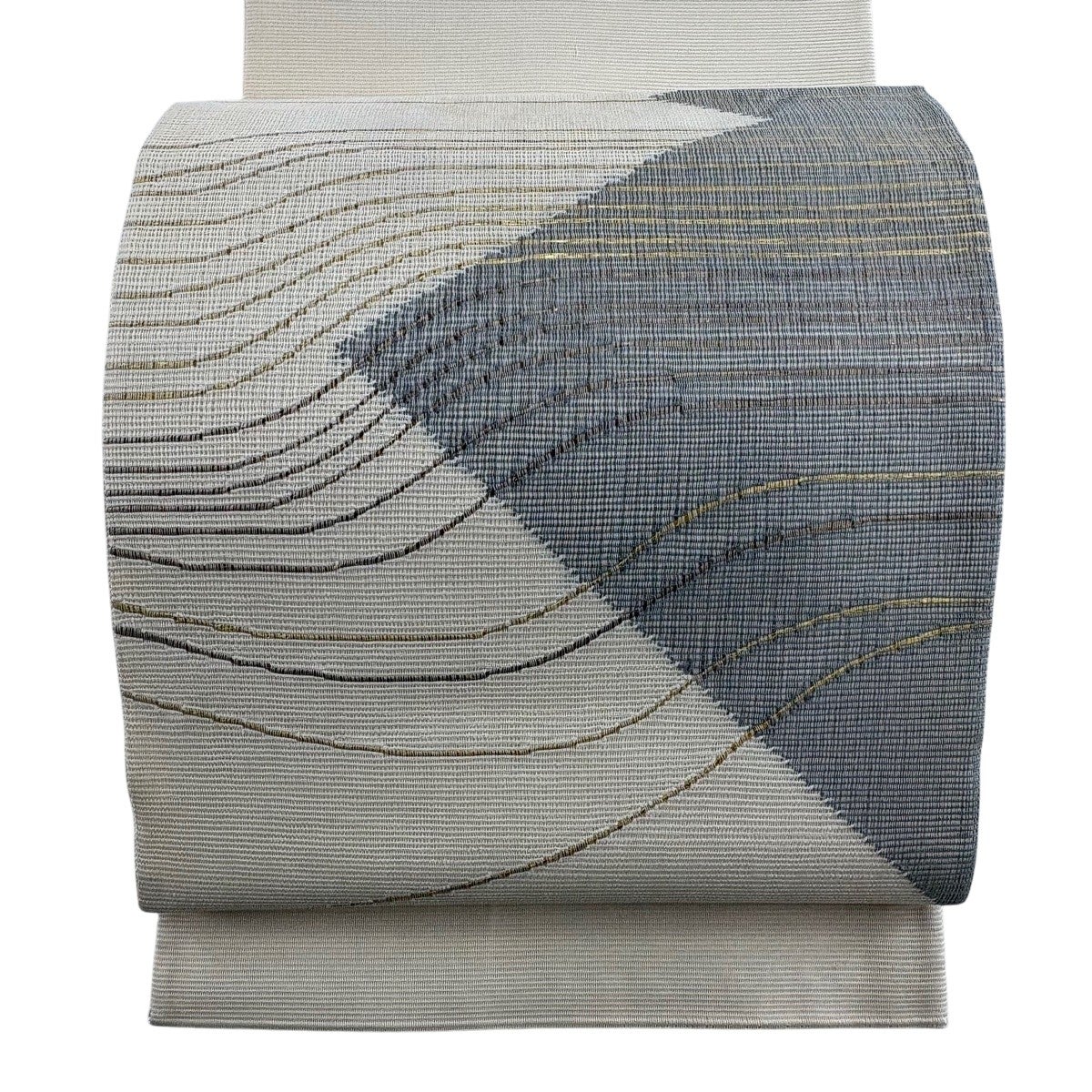袋帯 秀品 夏帯 絽 よろけ縞 幾何学 箔 クリーム お太鼓柄 正絹｜中古