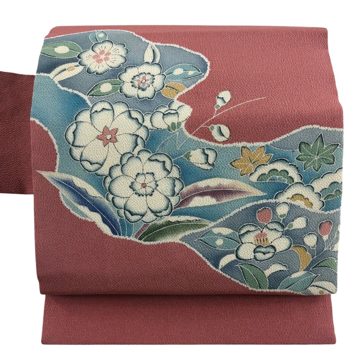 5k2346 名古屋帯　絹　西陣織　渡文　紬　茶色　赤　緑　ベージュ　青　ピンク 美品】 名古屋帯 秀品 草花 霞 縮緬 ピンク 正絹｜中古・古着