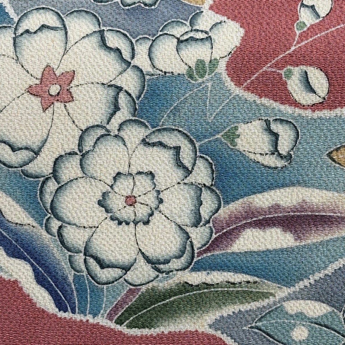 美品】 名古屋帯 秀品 草花 霞 縮緬 ピンク 正絹｜中古・古着