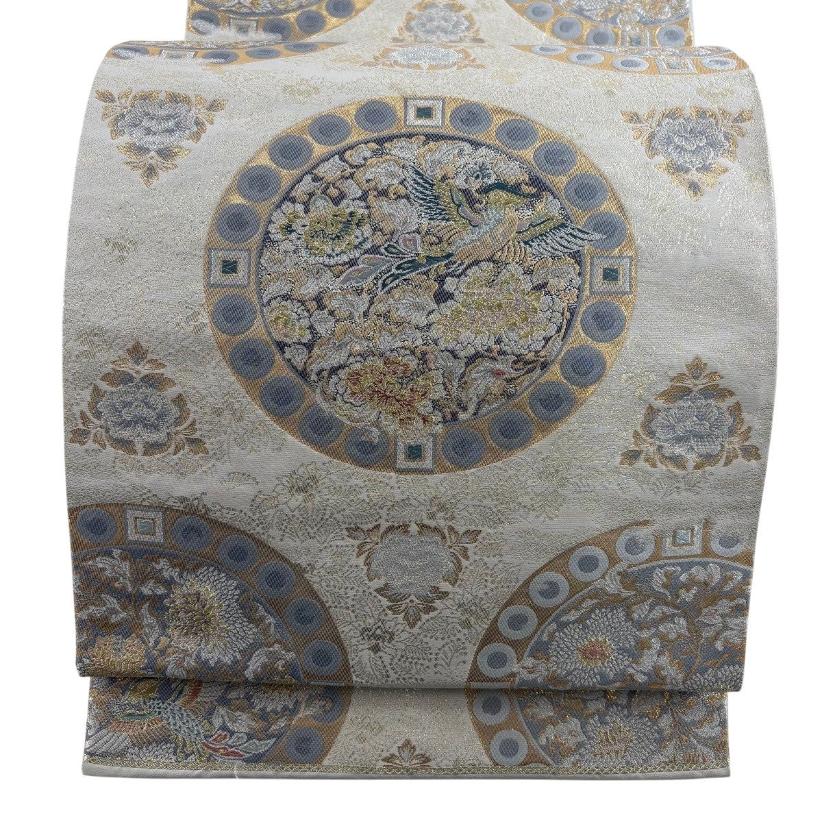 美品】 袋帯 秀品 関西仕立て 草花 鳥 本金箔 金銀糸 灰色 六通 正絹