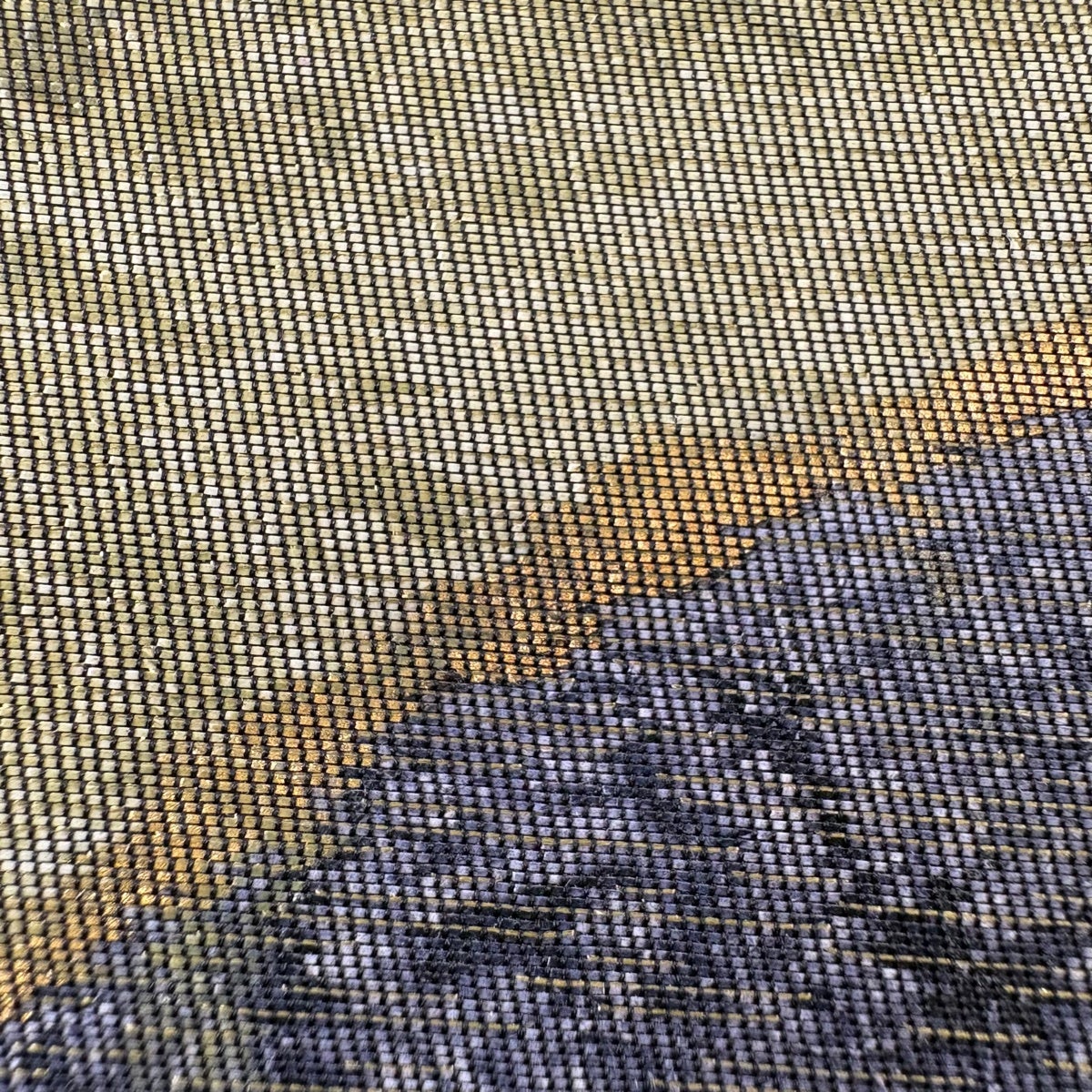 袋帯 秀品 霞 幾何学模様 箔 金彩 灰緑 六通 正絹｜中古・古着