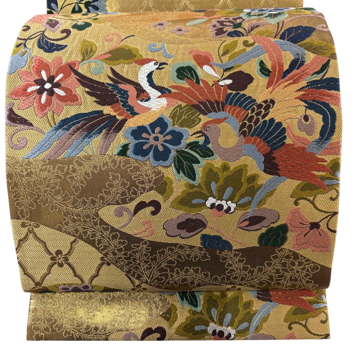 袋帯 秀品 鳳凰 花唐草 唐織 箔 薄茶色 六通 正絹｜中古・古着