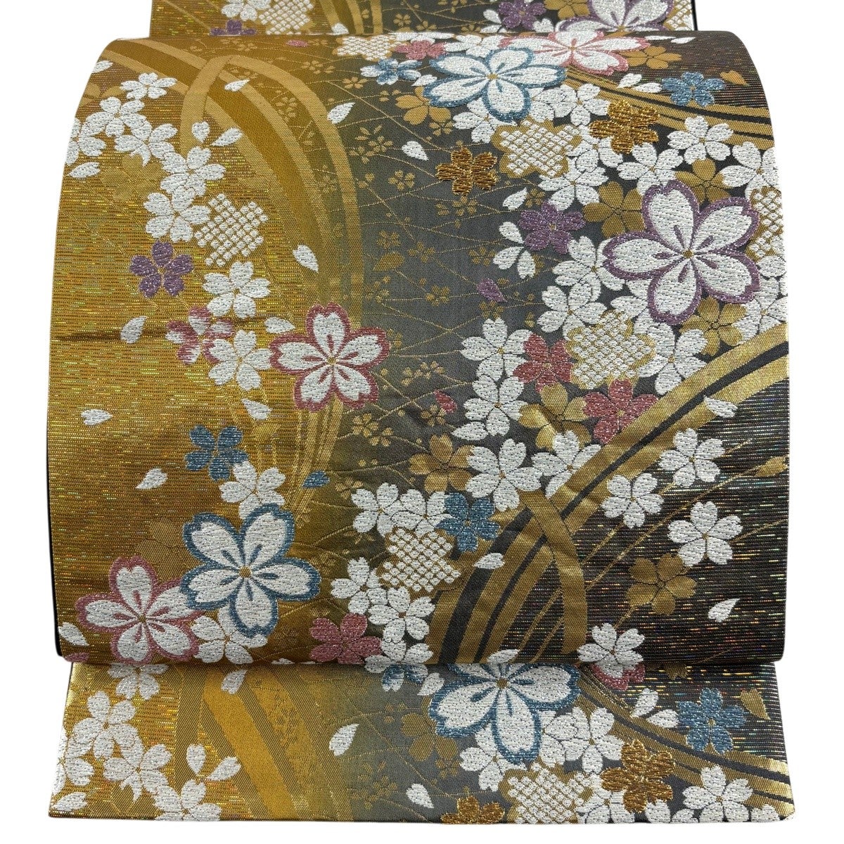 美品】 袋帯 秀品 桜 幾何学 箔 唐織 黄土色 六通 正絹｜中古・古着