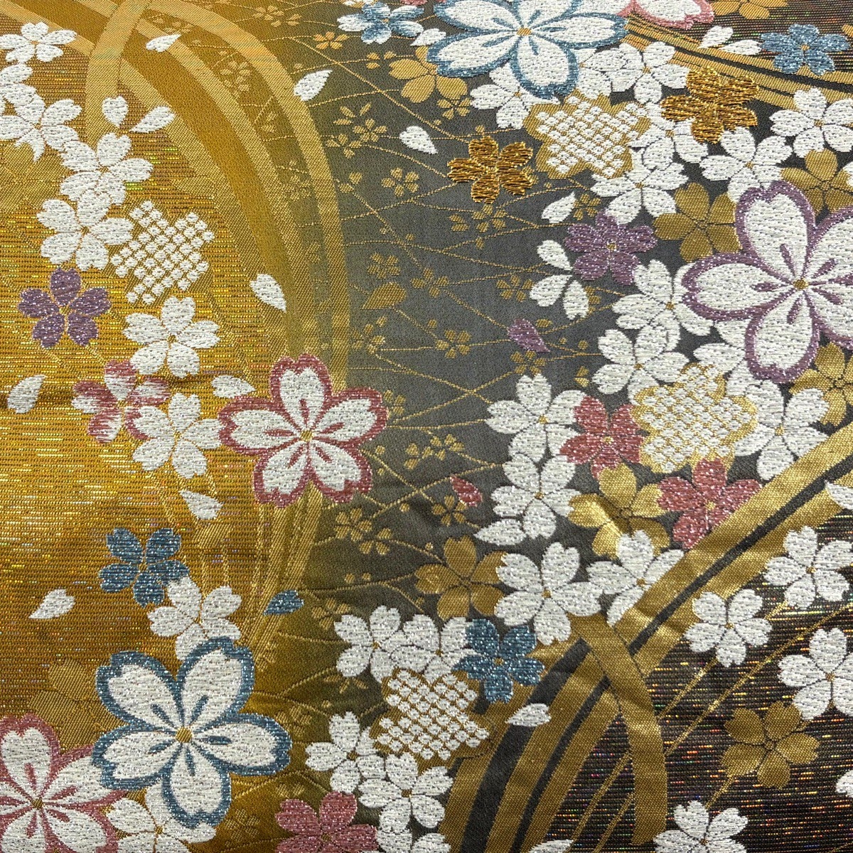 美品】 袋帯 秀品 桜 幾何学 箔 唐織 黄土色 六通 正絹｜中古・古着
