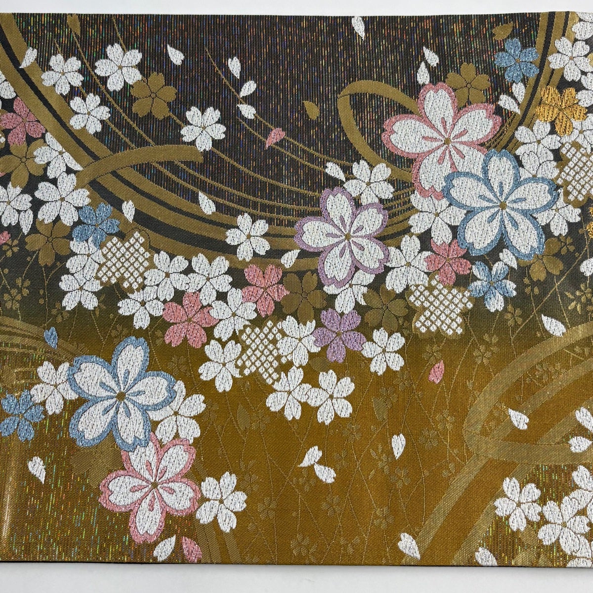 美品】 袋帯 秀品 桜 幾何学 箔 唐織 黄土色 六通 正絹｜中古・古着