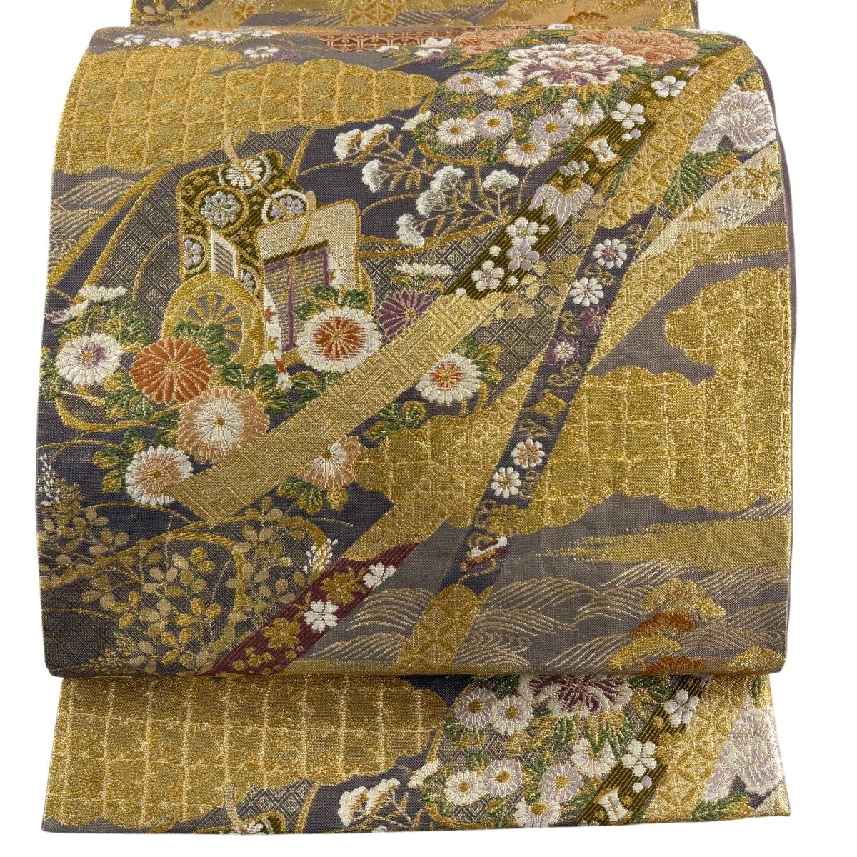 美品 袋帯 秀品 やまと 御所車 草花 金銀糸 箔 灰紫 六通 正絹｜中古