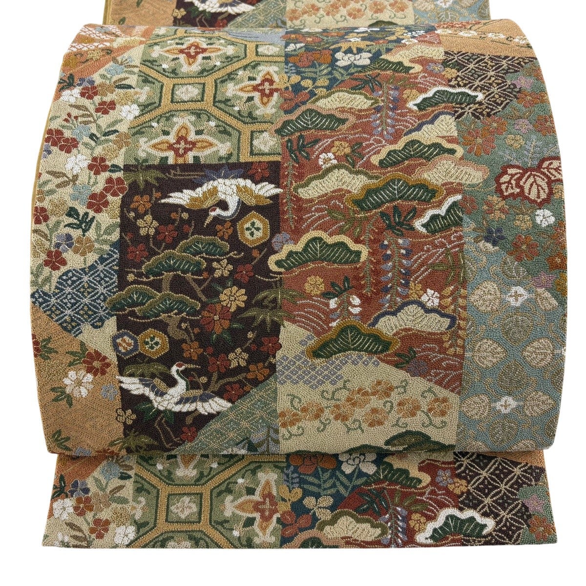 美品】 袋帯 逸品 鶴 草花 金銀糸 相良刺繍 茶色 六通 正絹｜中古