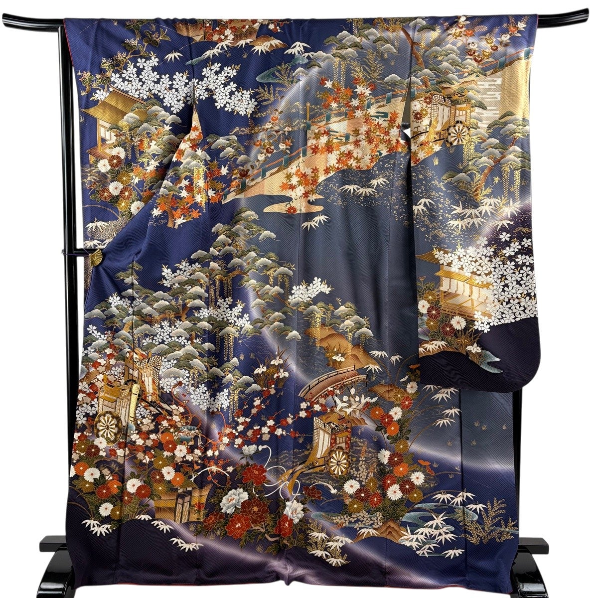 振袖 身丈167cm 裄丈68.5cm L 袷 草花 牡丹 銀彩 ぼかし 青 正絹 秀品