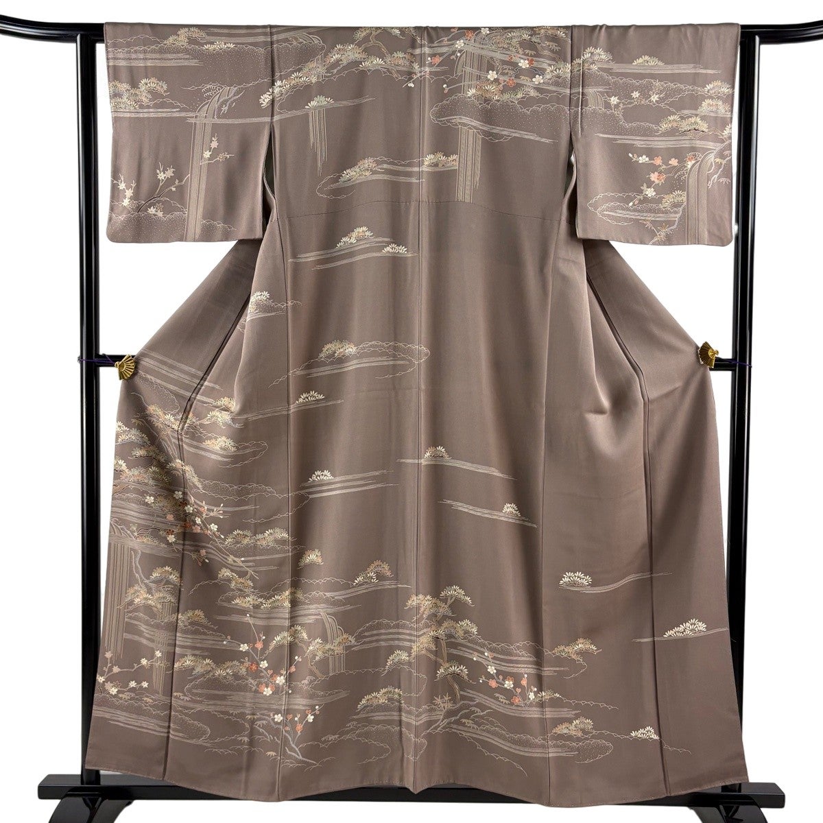 訪問着 身丈156.5cm 裄丈62.5cm S 袷 桜 松竹梅 金彩 灰茶 正絹 秀品
