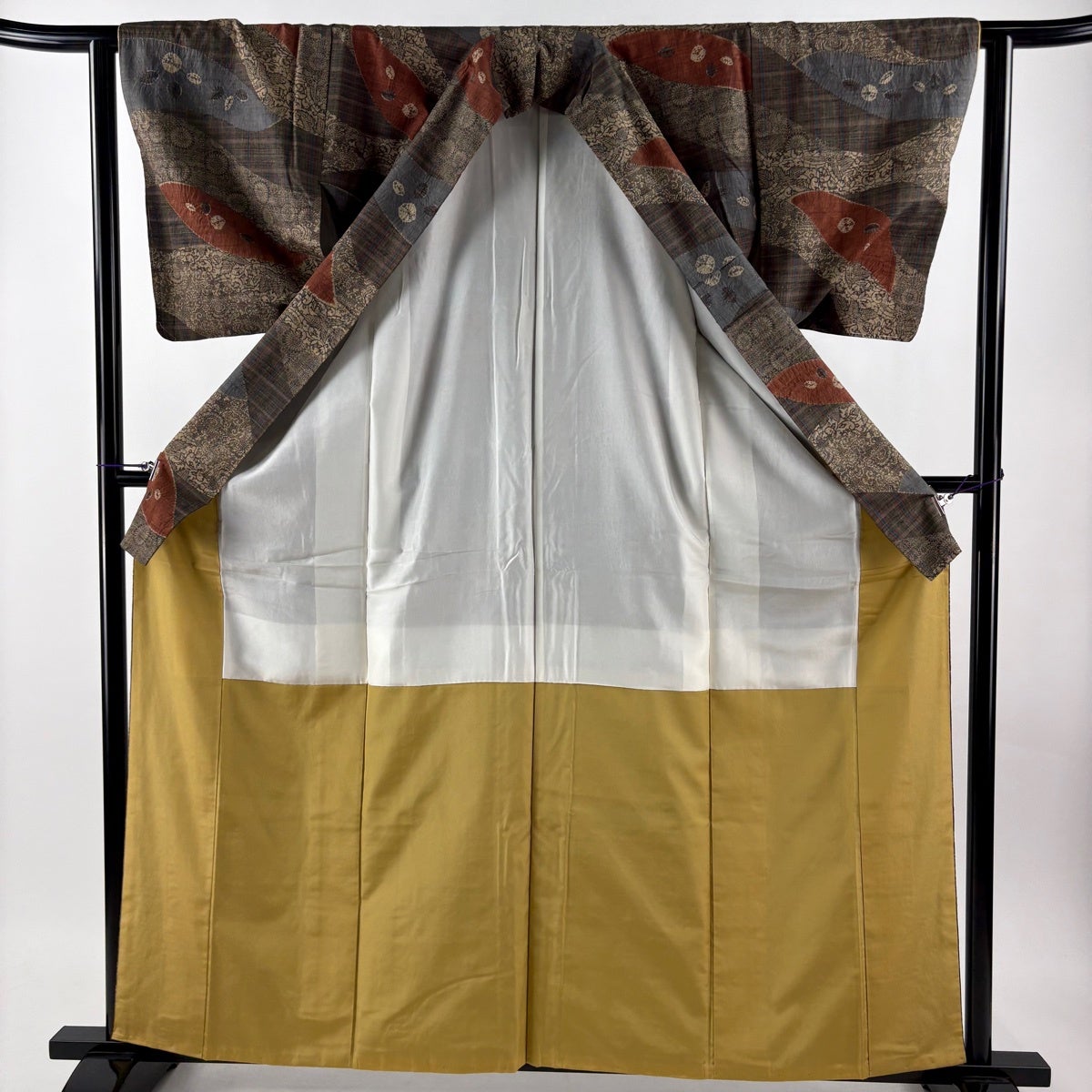 小紋　身丈161　裄65　紬　単衣　木目文様　正絹　着物　033b p 美品】 小紋 身丈161cm 裄丈61.5cm S 袷 紬地 幾何学模様 格子 灰茶