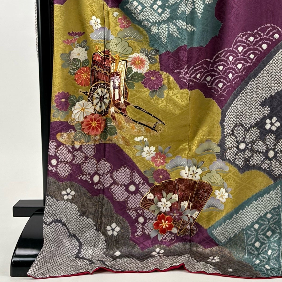 振袖 身丈178cm 裄丈70cm L 袷 御所車 笠松 金糸 金銀彩 赤紫 正絹