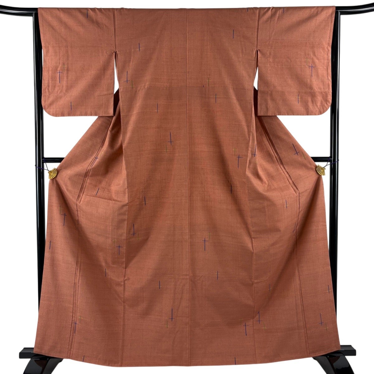 紬焦げ茶色麻の葉模様総裏地付きロングコート 美品】 紬 身丈164.5cm 裄丈66cm M 袷 麻の葉 段縞 焦茶色 正絹 秀品