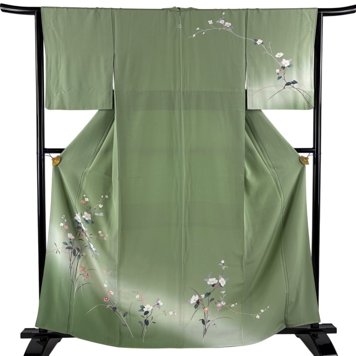訪問着 身丈162cm 裄丈64.5cm M 袷 枝花 草花 ぼかし 薄緑 正絹 秀品