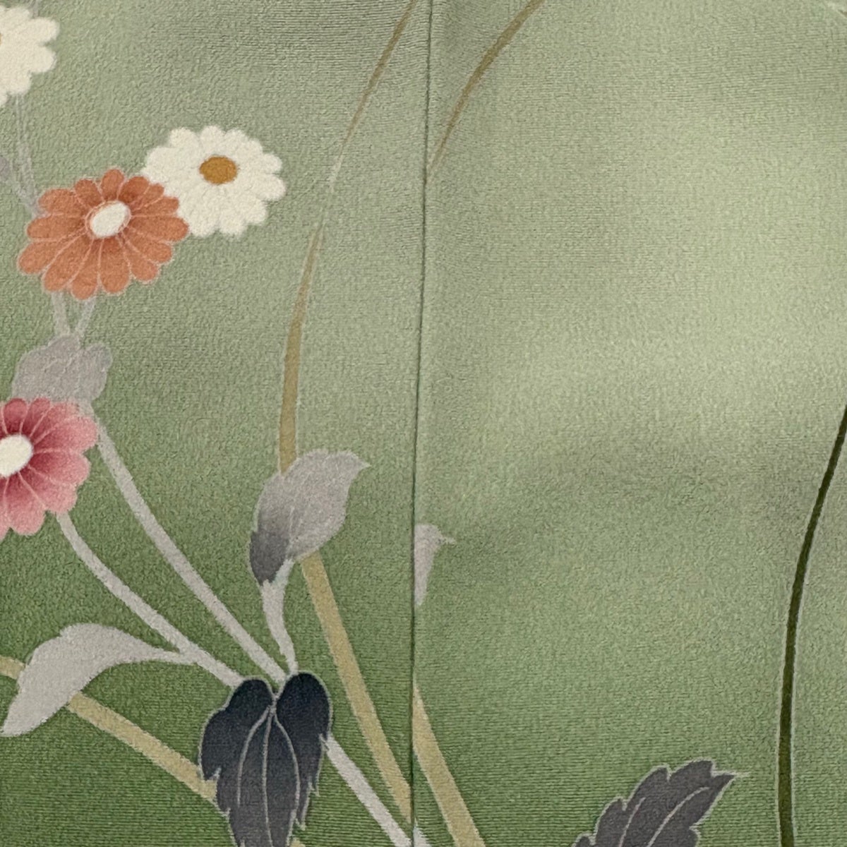 【超美品】洗える着物　単衣　訪問着　緑色 花柄 扇面文様身丈162cm裄66cm 訪問着 身丈162cm 裄丈64.5cm M 袷 枝花 草花 ぼかし 薄緑 正絹 秀品