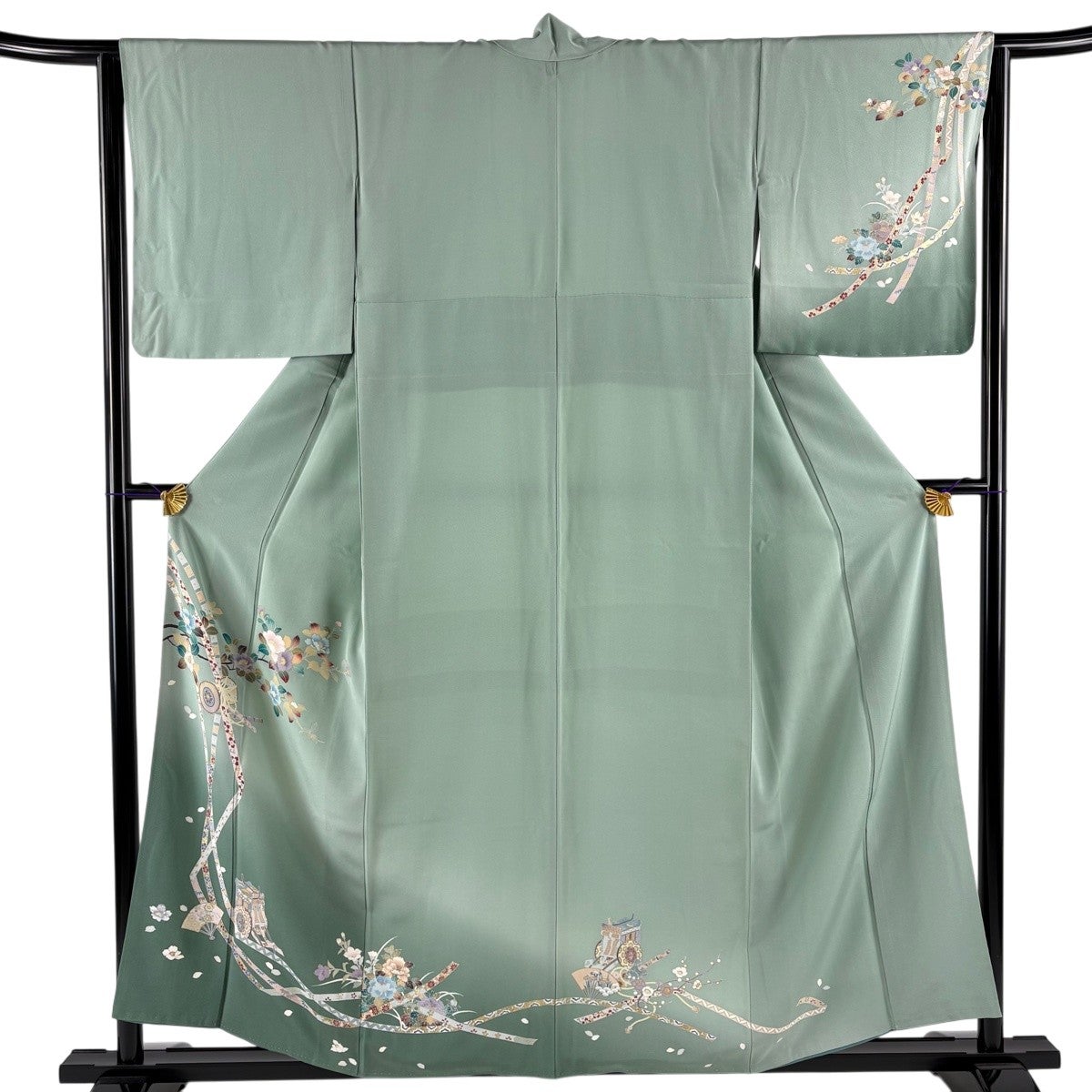 訪問着 身丈156.5cm 裄丈63cm S 袷 椿 鼓 金彩 ぼかし 灰緑 正絹 秀品