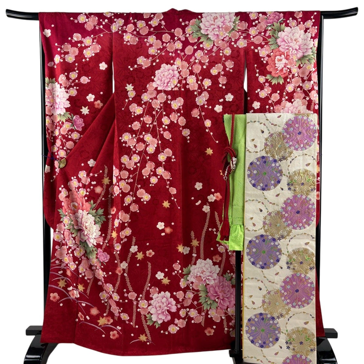 振袖 身丈169cm 裄丈66cm M 袷 牡丹 枝梅 金彩 朱色 正絹 秀品｜中古